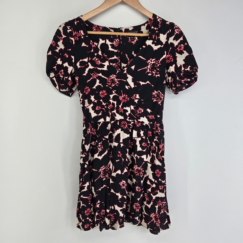 Topshop Dress Womens 2 Black Floral V-Neck Puff Sleeve Mini Fit Flare Boho
